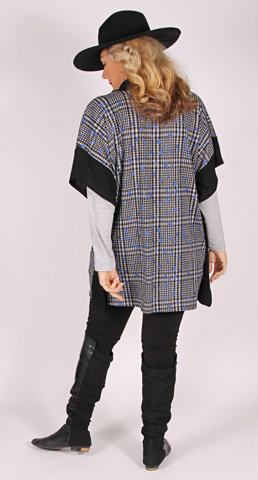 Spliced Poncho Style Top Charcoal Check