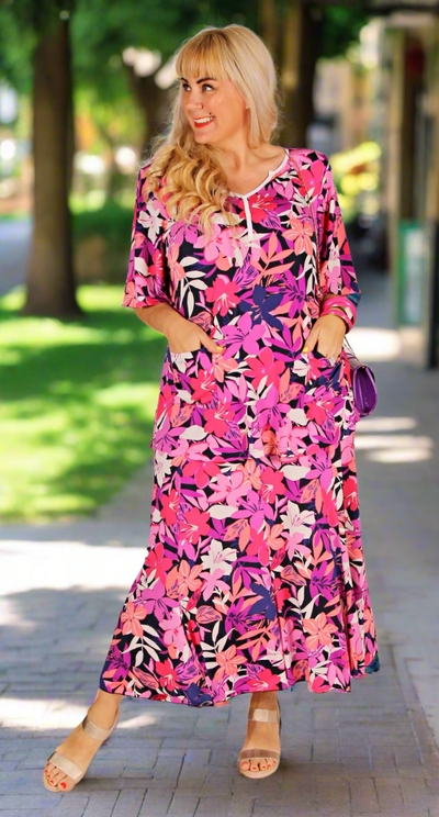 Fit and Flare Eight Gore Skirt Fuchsia Flowers