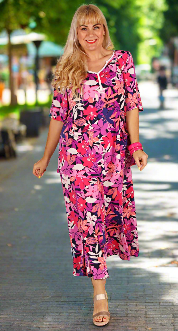 Fit and Flare Eight Gore Skirt Fuchsia Flowers
