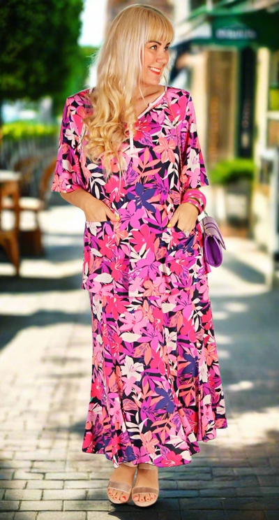 Fit and Flare Eight Gore Skirt Fuchsia Flowers