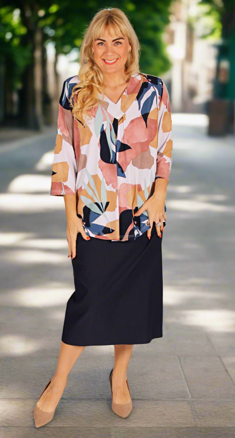 Bella V-Neck Top Bracelet Length Sleeves Autumn Leaves