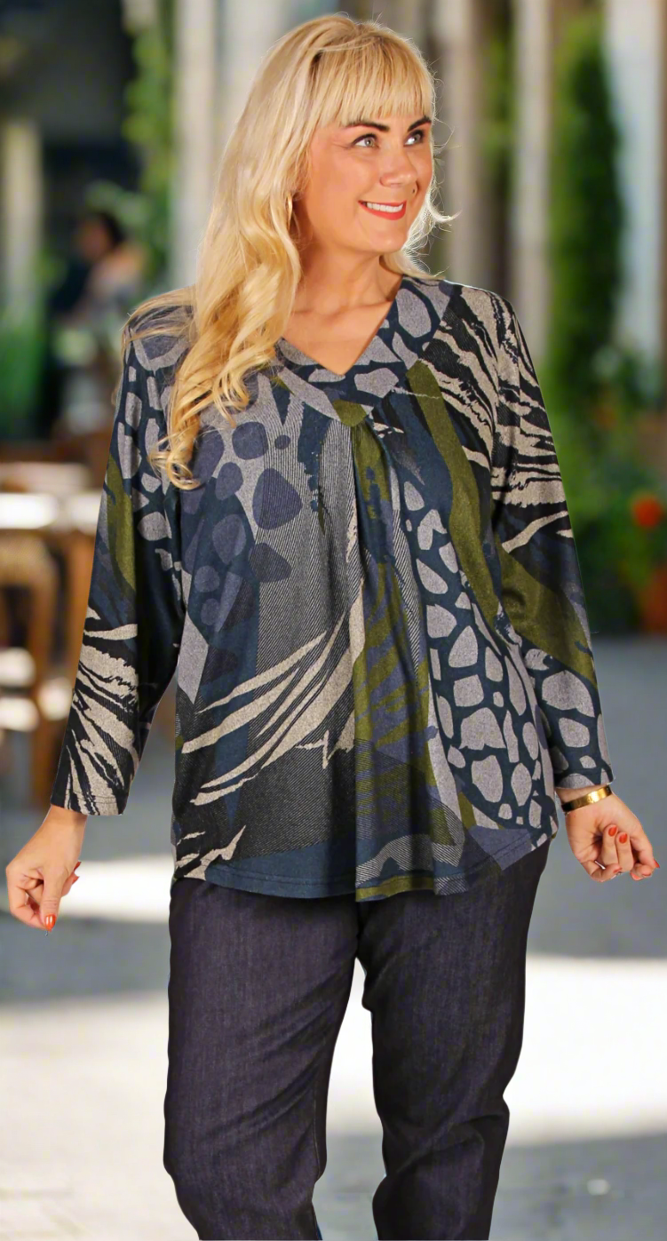 Bella V-Neck Top Long Sleeves Cosy Knit Khaki and Ink
