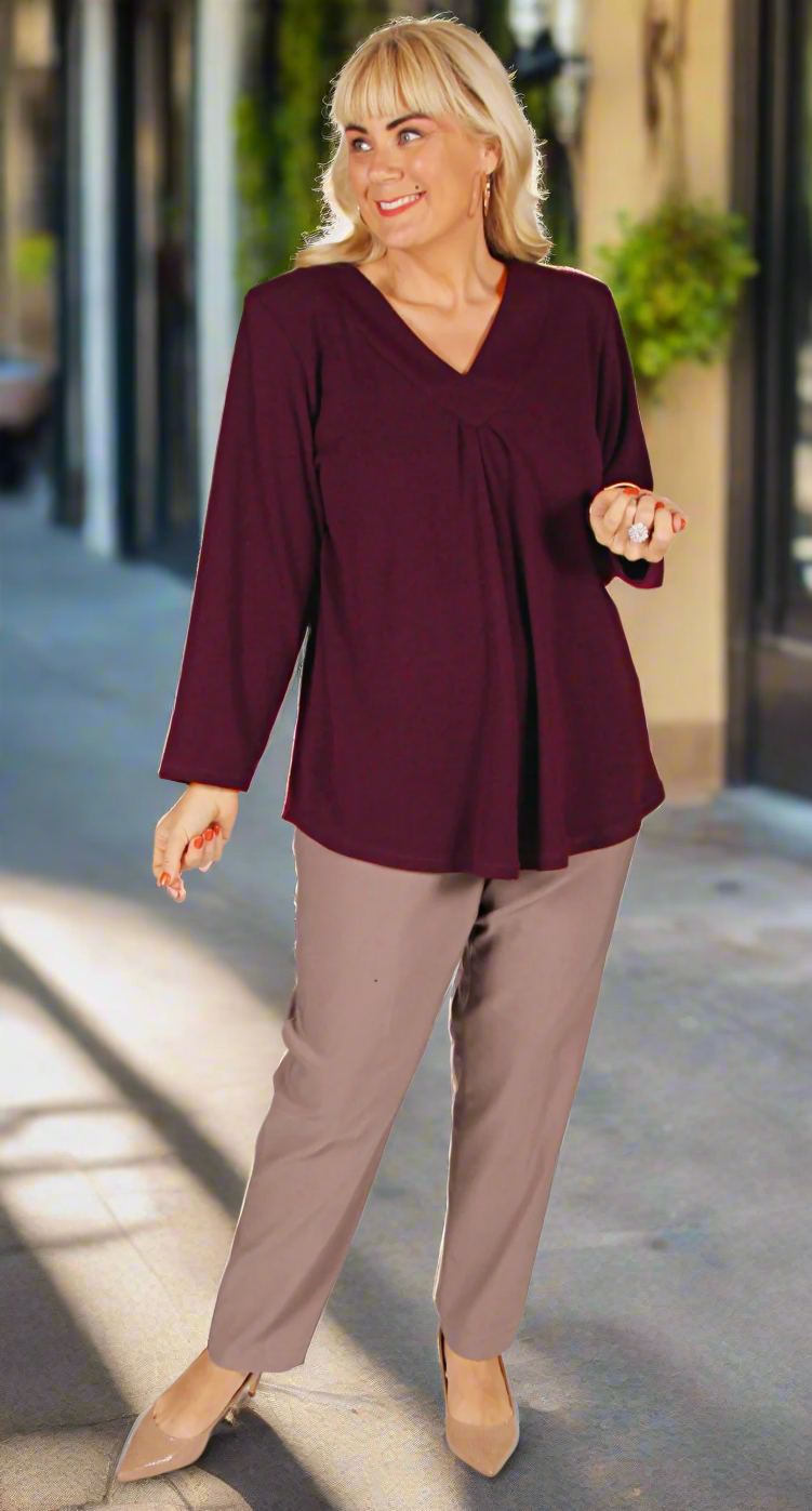 Bella V-Neck Top Long Sleeves Cosy Knit Plum