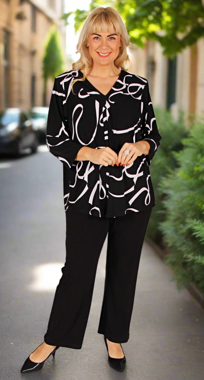 Bella V-Neck Top Bracelet Length Sleeves White Ribbon on Black
