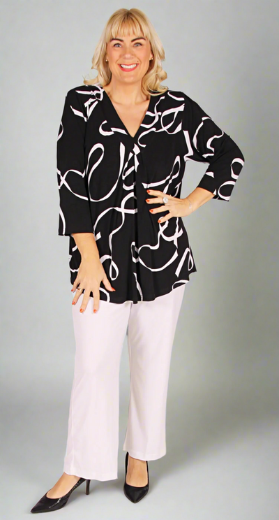 Bella V-Neck Top Bracelet Length Sleeves White Ribbon on Black