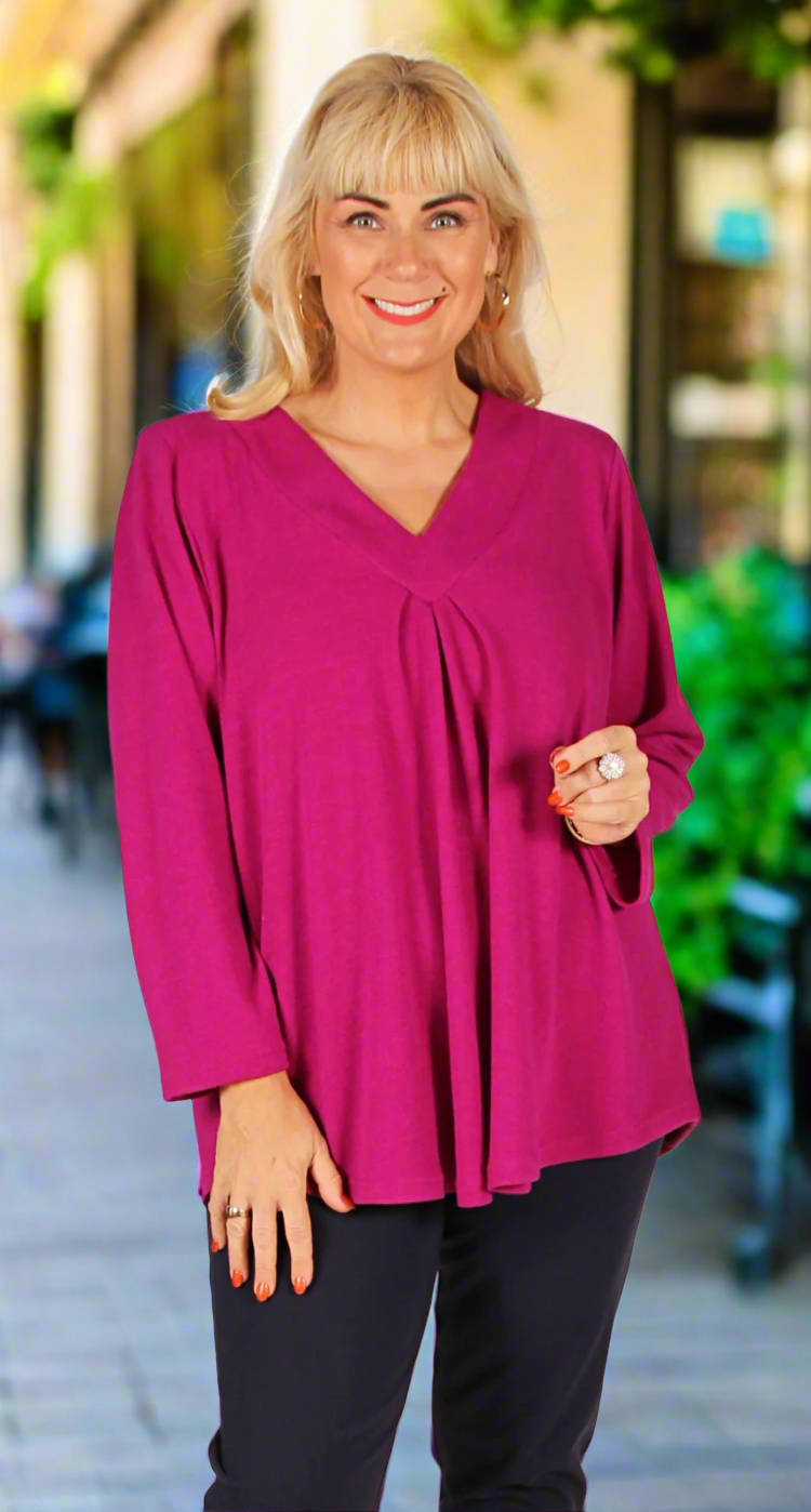 Bella V-Neck Top Long Sleeves Cosy Knit Cerise