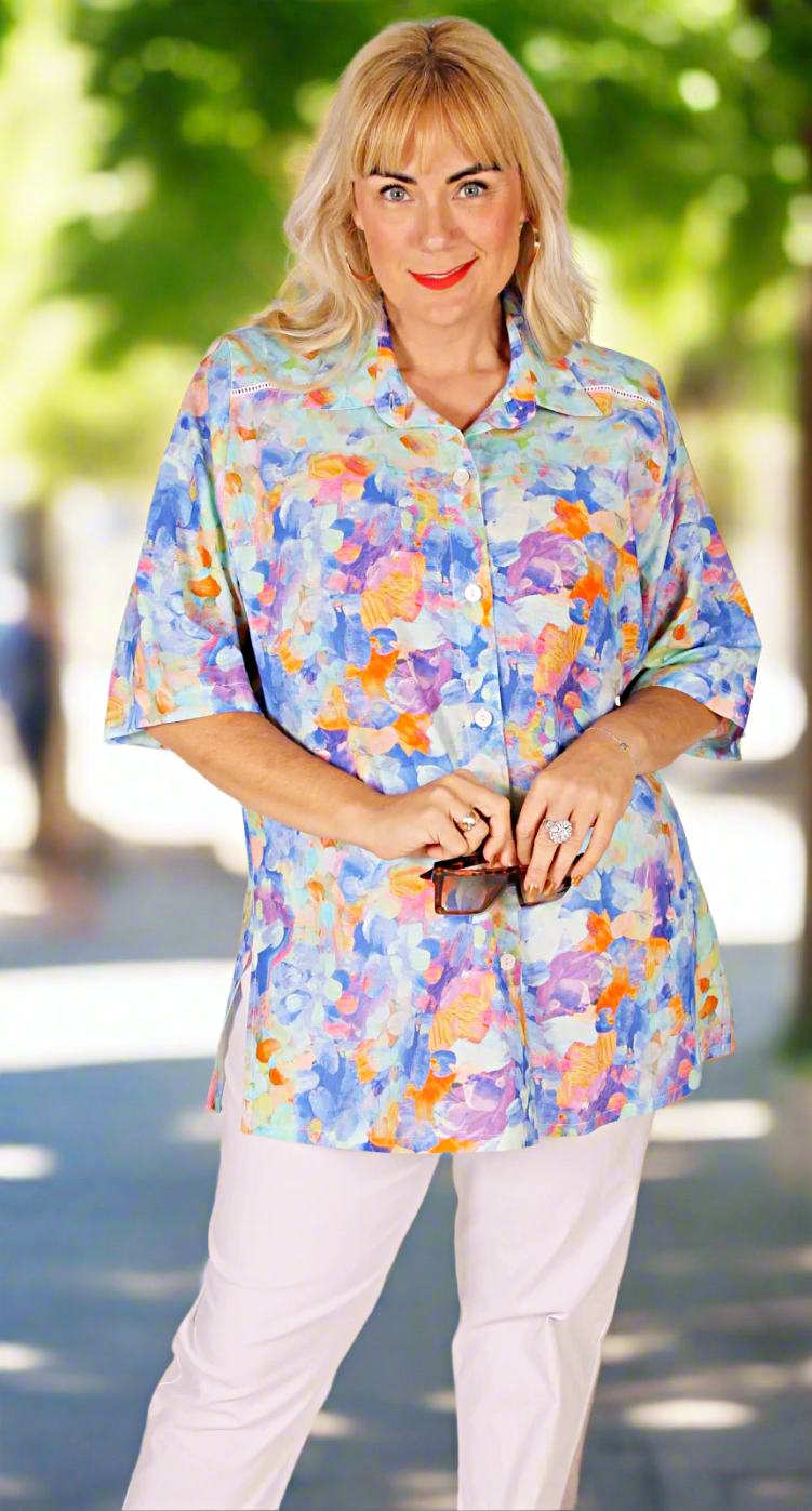 Linen and Cotton Classic Blouse with Broderie Detail Blue Palette