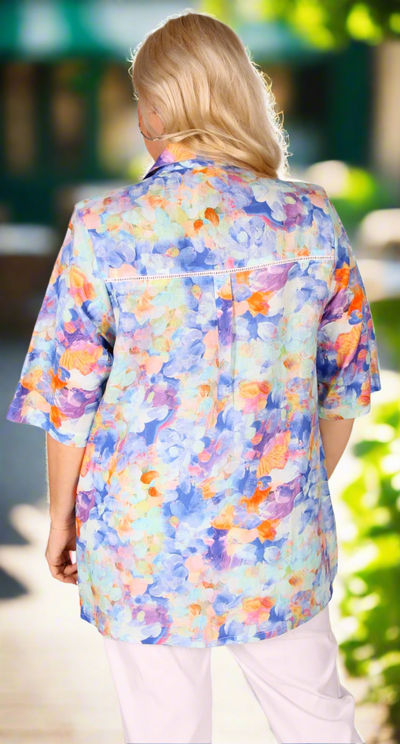 Linen and Cotton Classic Blouse with Broderie Detail Blue Palette