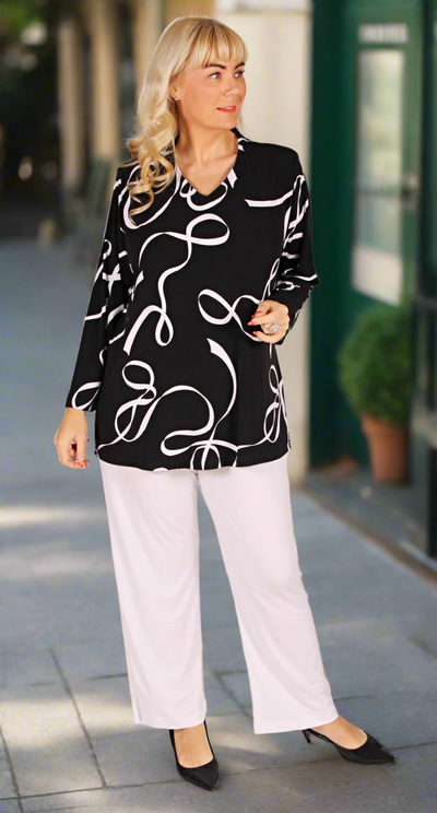 Collar Stand Top Long Sleeves White Ribbons on Black