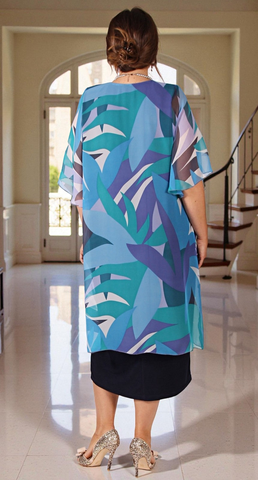 Chiffon Overlay Waterfall Dress Seascape over Navy