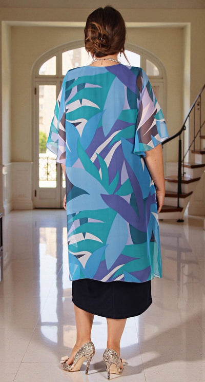 Chiffon Overlay Waterfall Dress Seascape over Navy