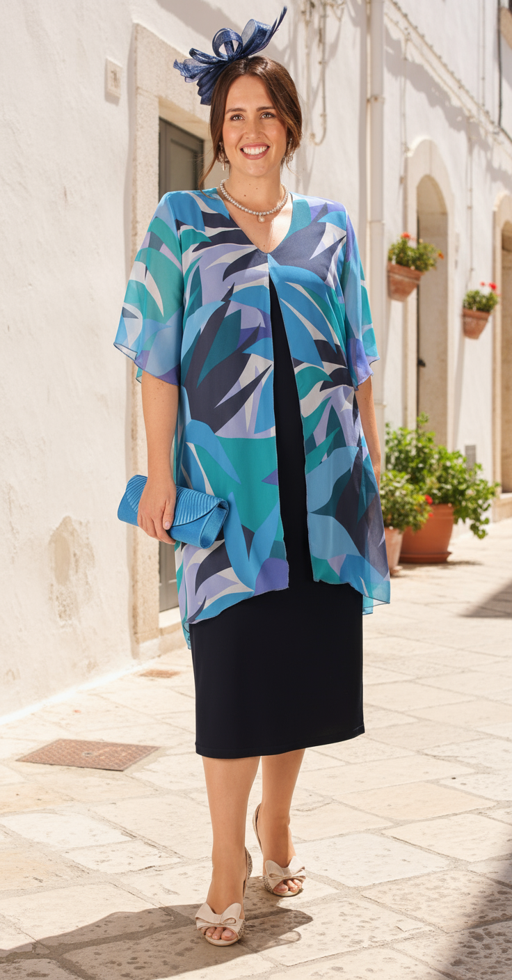 Chiffon Overlay Waterfall Dress Seascape over Navy