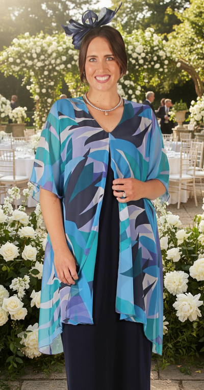 Chiffon Overlay Waterfall Dress Seascape over Navy