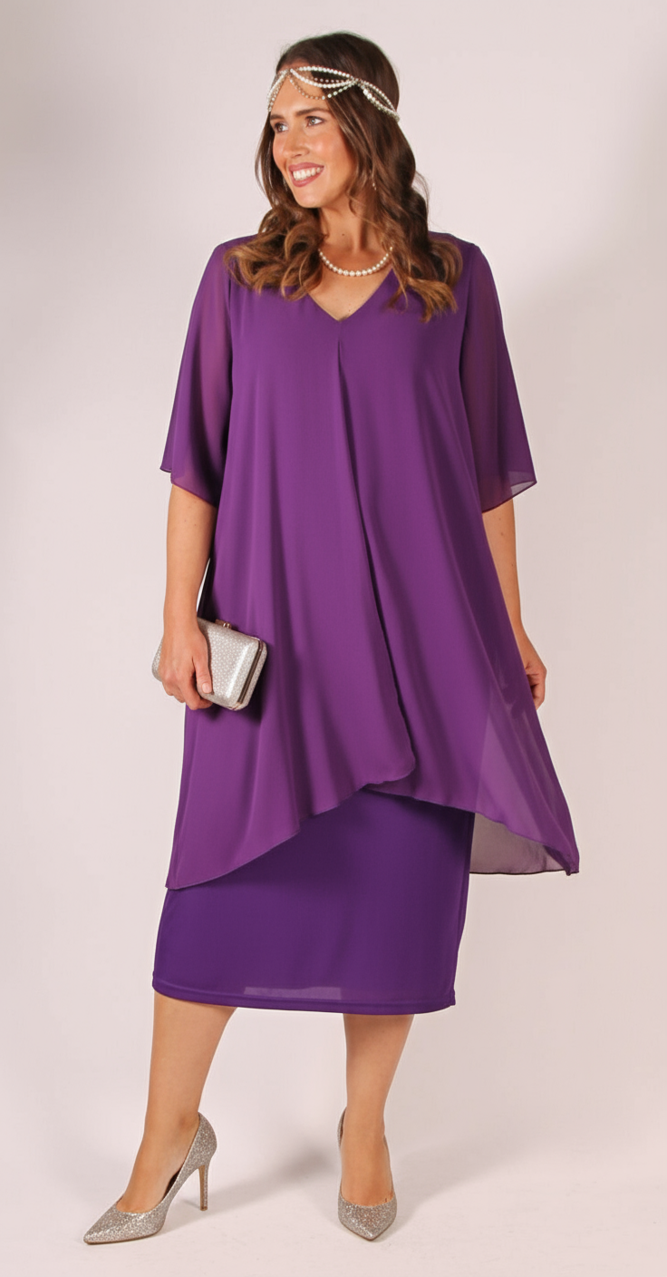 Chiffon Overlay Waterfall Dress Plum over Plum