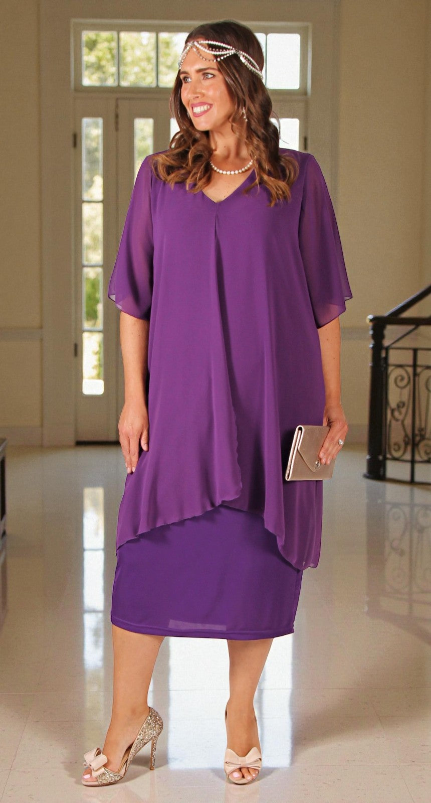 Chiffon Overlay Waterfall Dress Plum over Plum