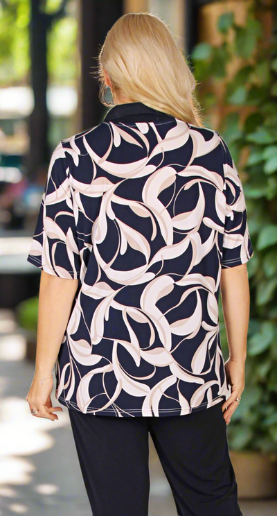 Designer Print  Polo Navy Taupe and White Swirls
