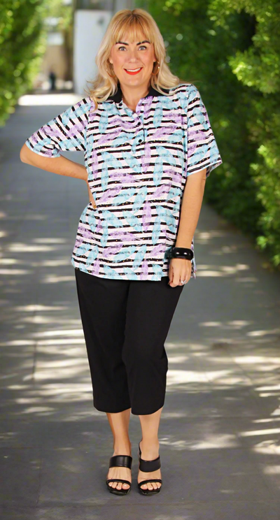 Classic Cotton Polo Aqua and Jacaranda On Black Stripes