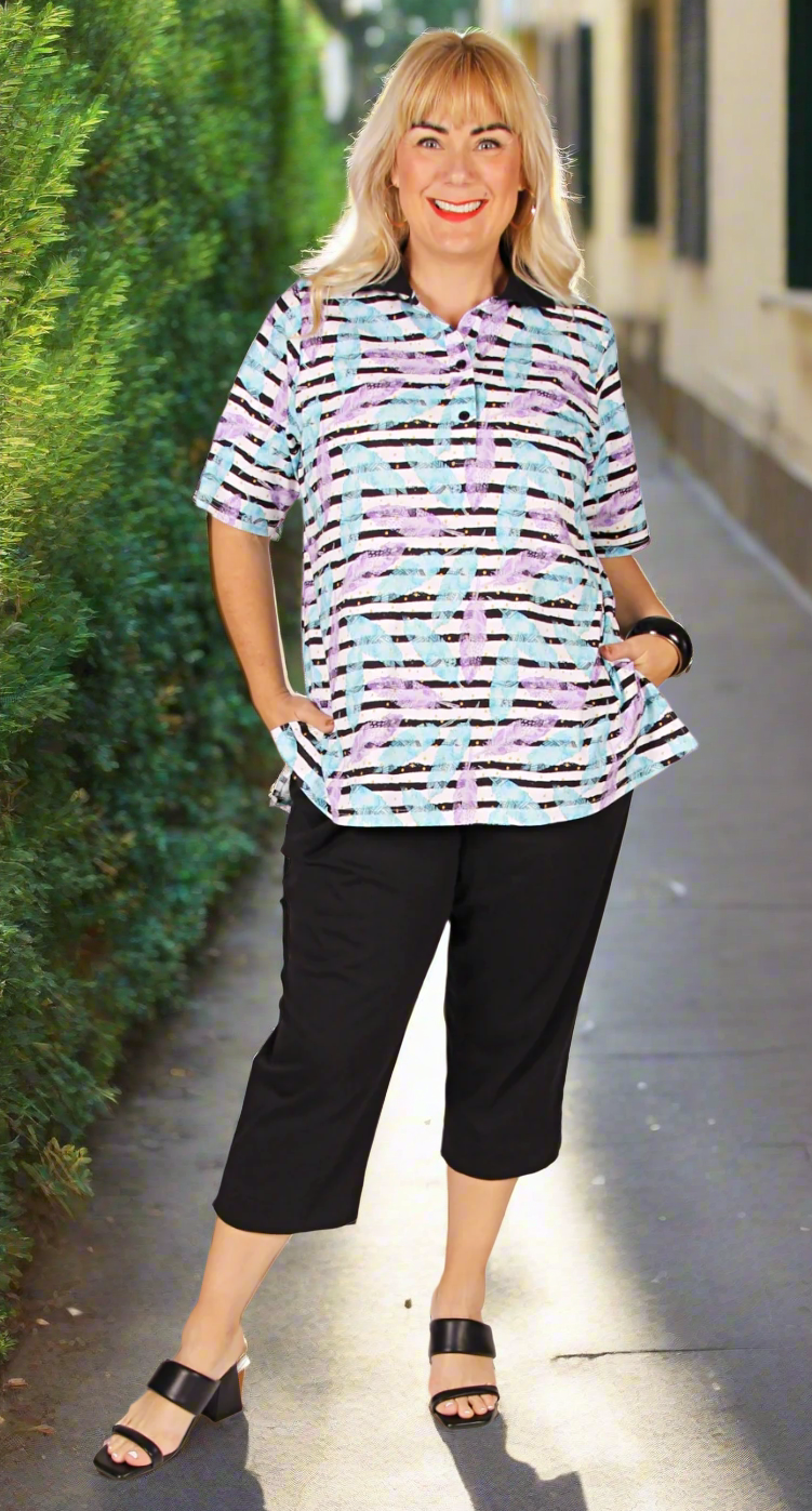 Classic Cotton Polo Aqua and Jacaranda On Black Stripes