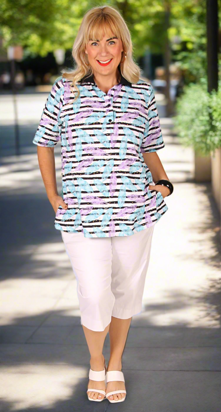 Classic Cotton Polo Aqua and Jacaranda On Black Stripes
