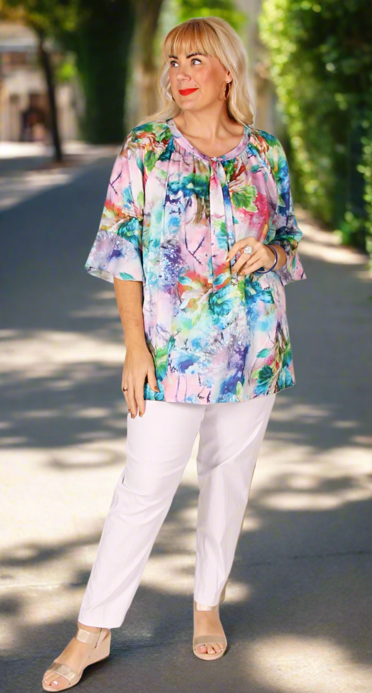 Roberta Raglan Sleeve Tie Front Top Pastel Swiss Cotton