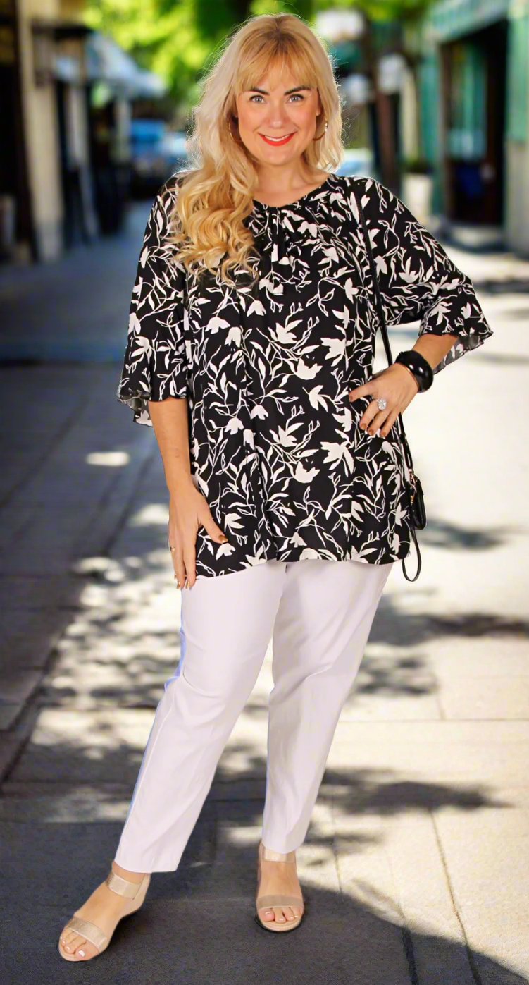 Roberta Raglan Sleeve Tie Front Top Black|White