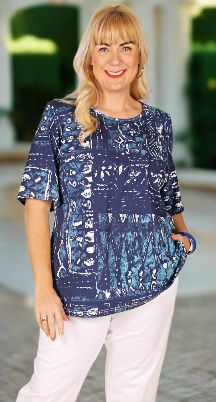 Rikki Round Neck Top Navy|Aqua|White on Cotton