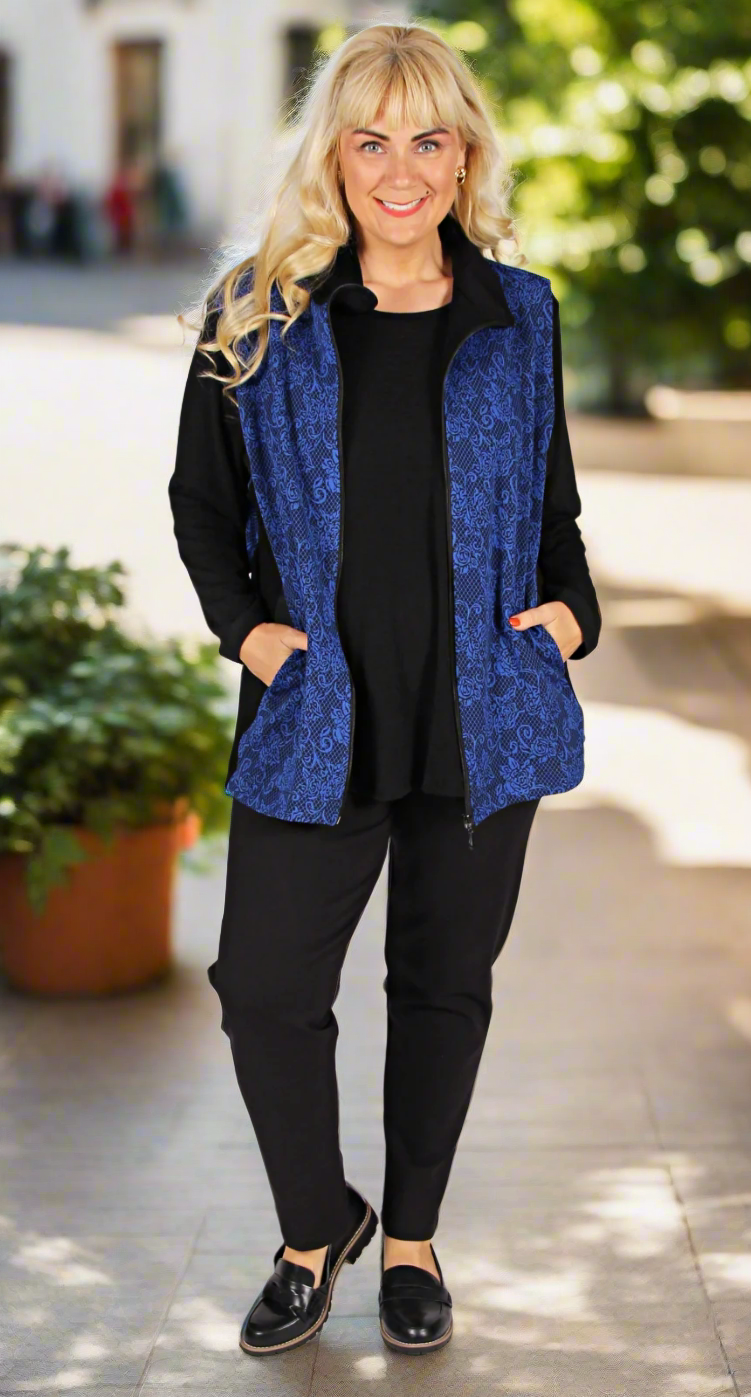 Zip Front Sapphire and Black Ponti Vest