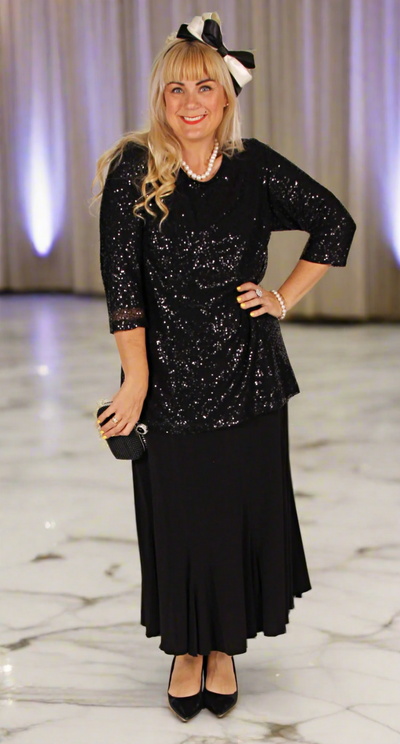 Lush Sequins on Mesh Round Neck Top Black