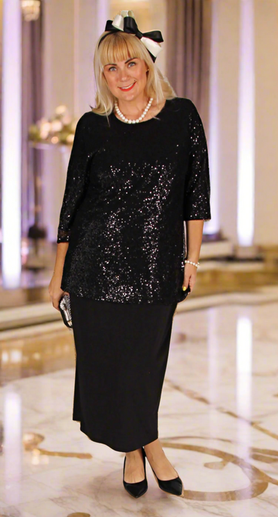 Lush Sequins on Mesh Round Neck Top Black