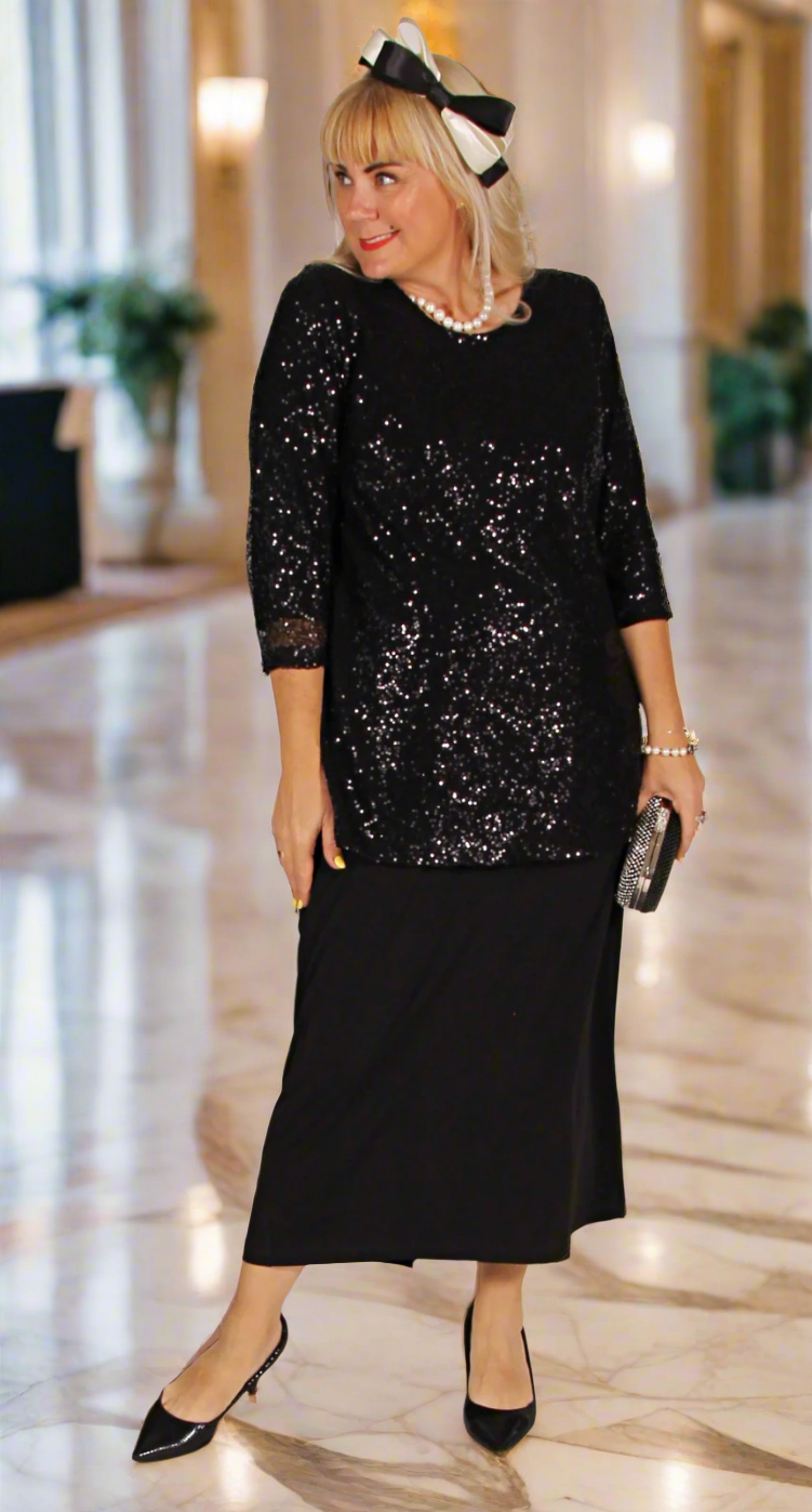 Lush Sequins on Mesh Round Neck Top Black
