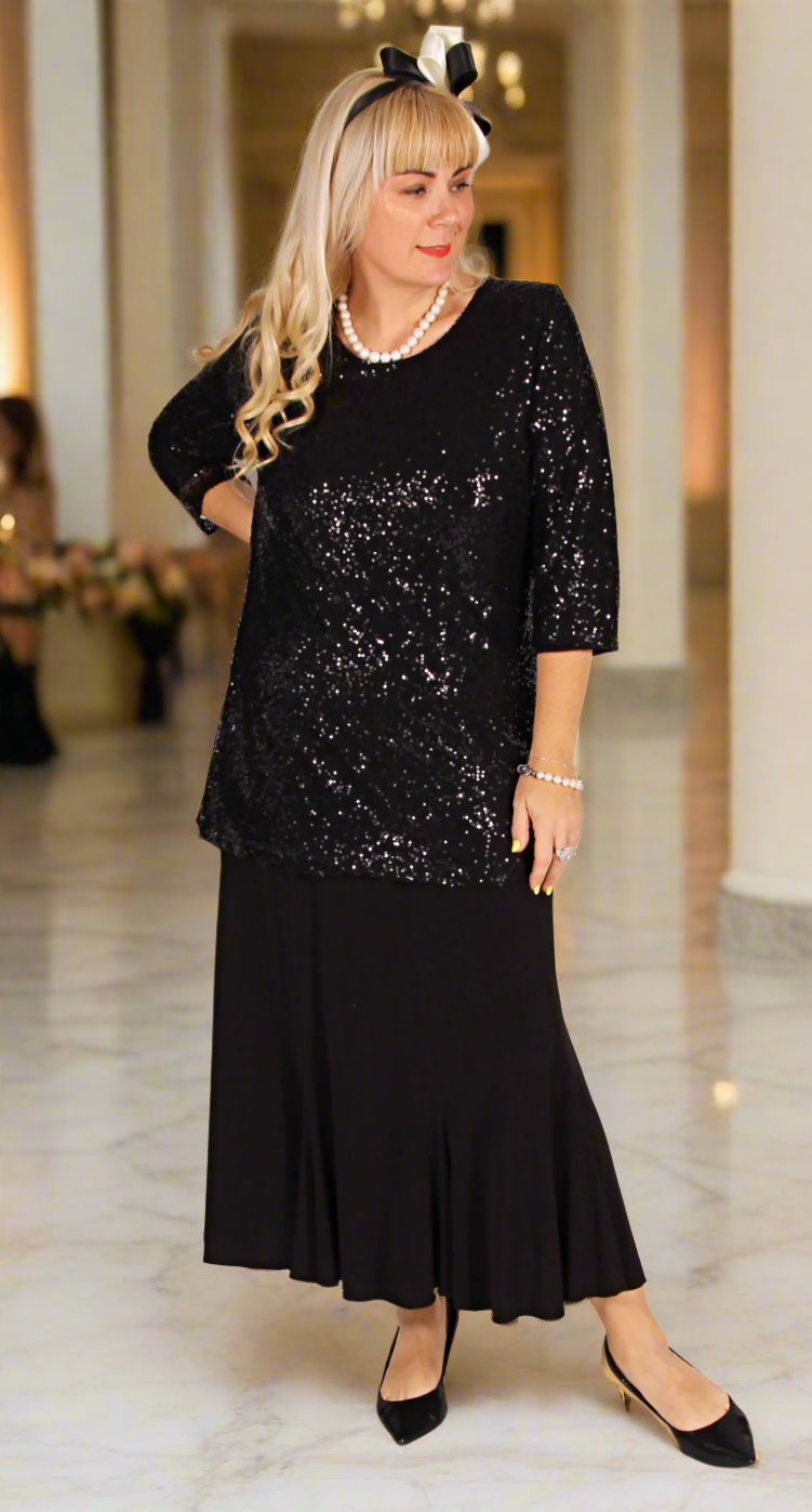 Lush Sequins on Mesh Round Neck Top Black