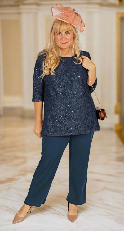 Lush Lace and Sequins Round Neck Top Teal