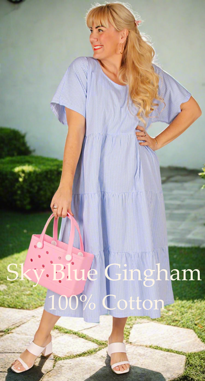 Layered Cotton Dress Sky Blue Gingham