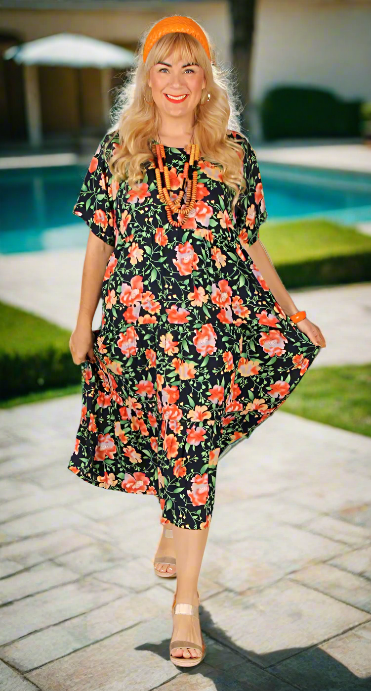 Tiered Dress Pretty Spring Blooms on Navy