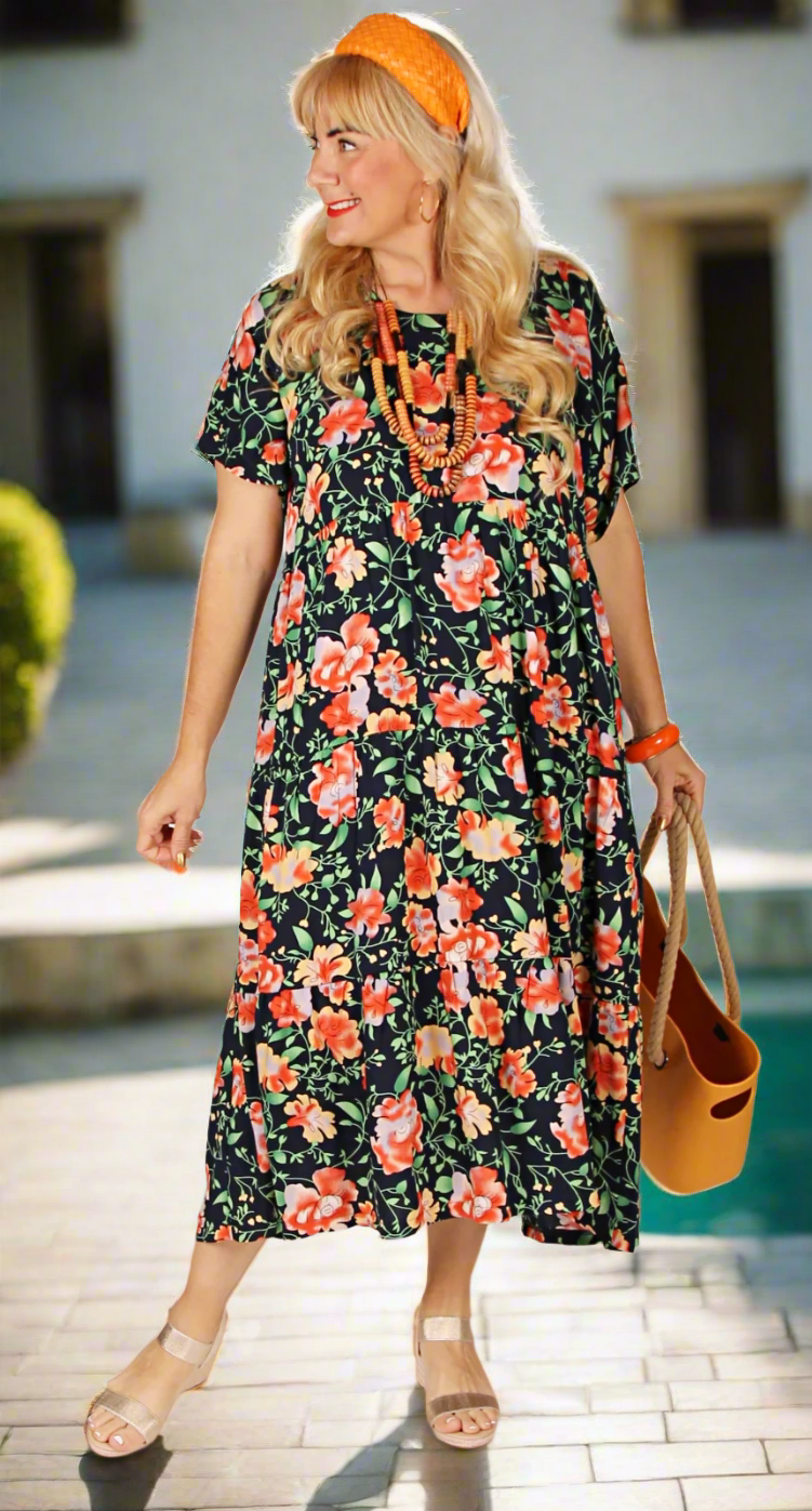 Tiered Dress Pretty Spring Blooms on Navy