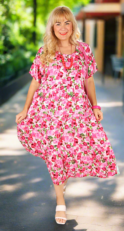 Tiered Dress Pink Poppies