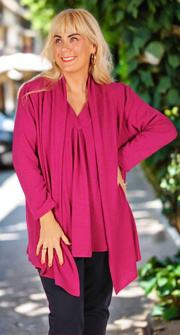 Bella V-Neck Top Long Sleeves Cosy Knit Cerise