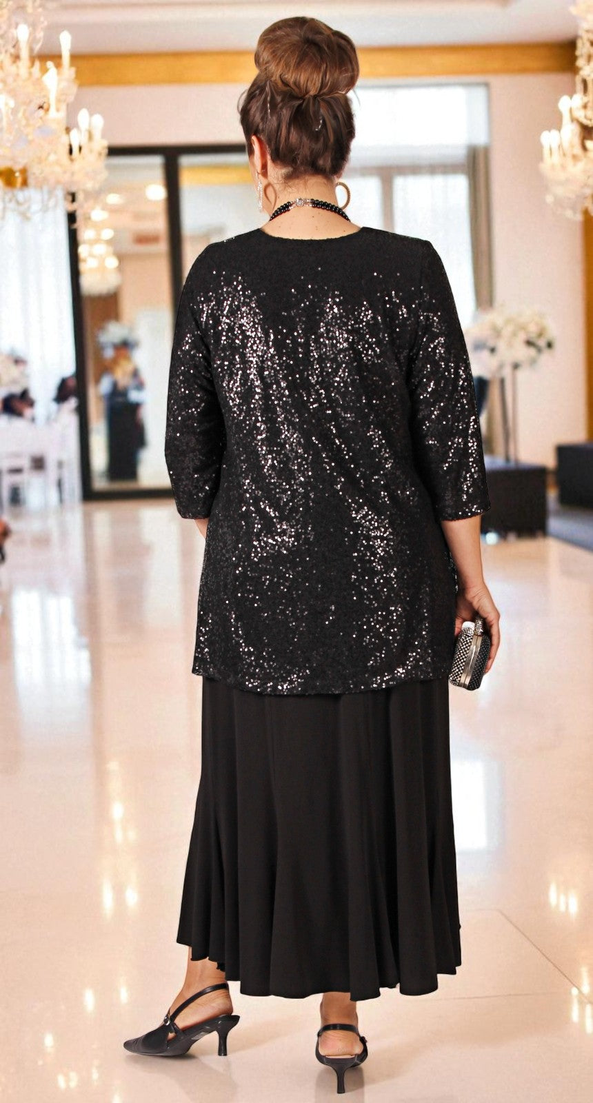 Lush Sequins on Mesh Round Neck Top Black