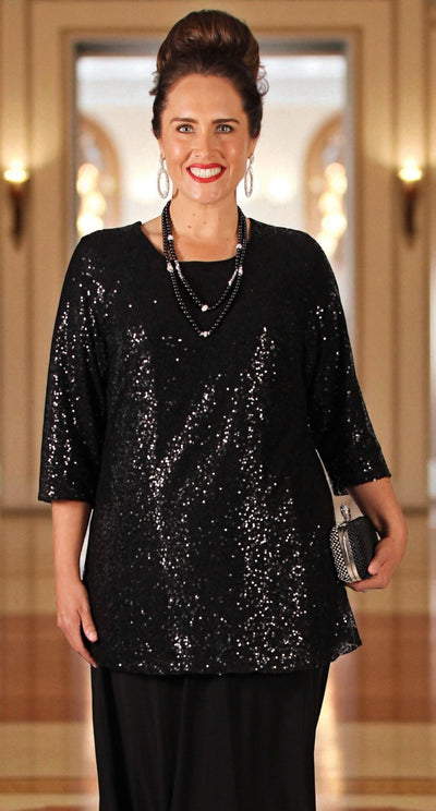 Lush Sequins on Mesh Round Neck Top Black