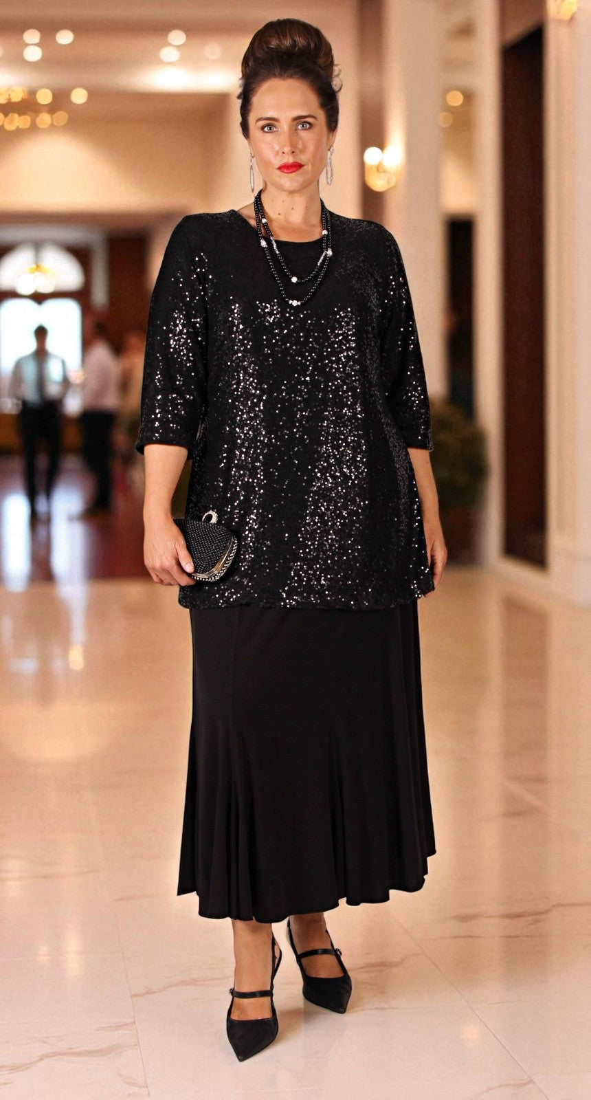 Lush Sequins on Mesh Round Neck Top Black