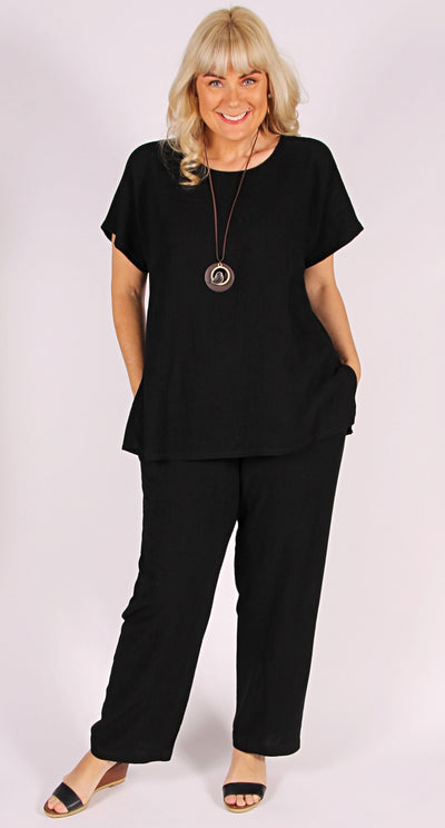 Linen Viscose Wide Leg Pant Black