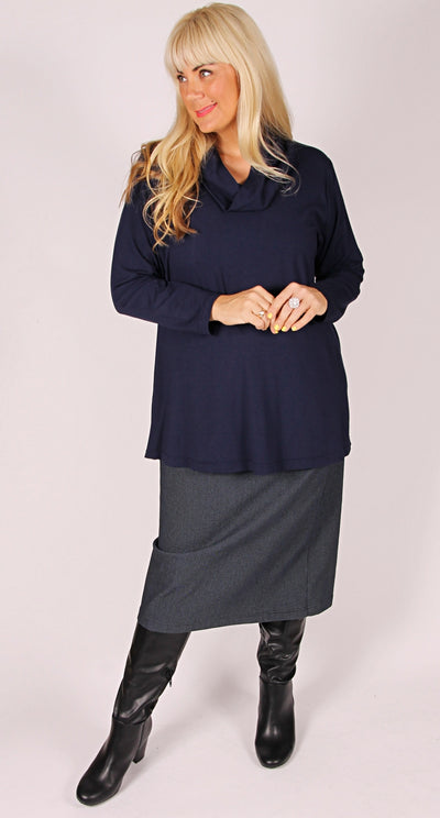 Pull-On Ponti Skirt Powder Blue|Navy Fine Check