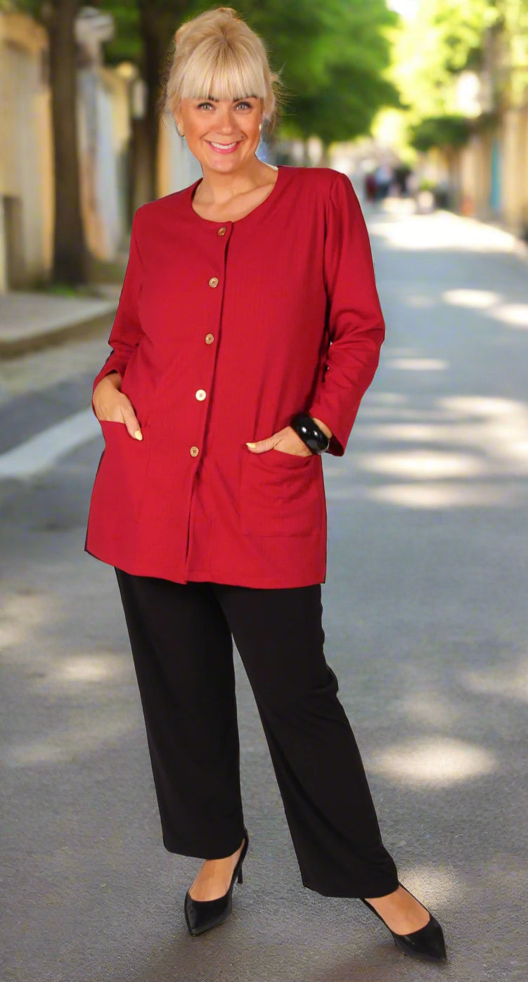 Classic Button Front Round Neck Jacket Deep Red