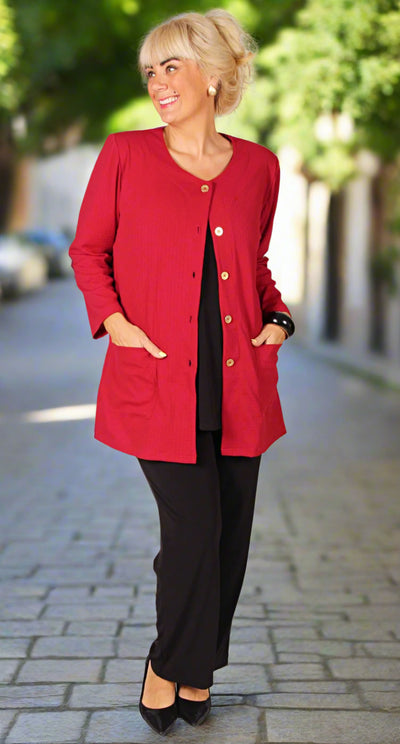 Classic Button Front Round Neck Jacket Deep Red
