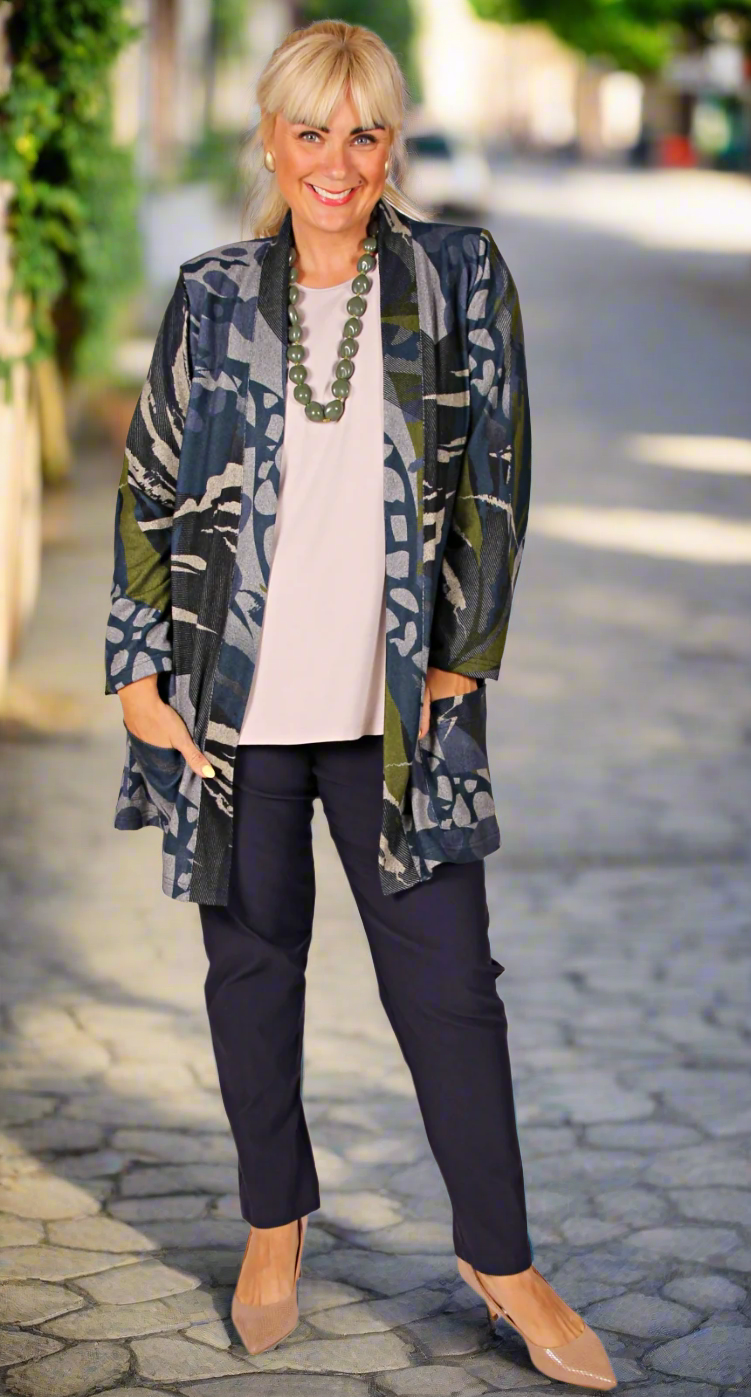 Cosy Knit Edge to Edge Jacket Khaki and Ink