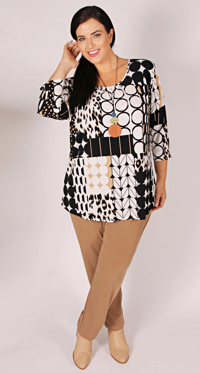 Gathered Crew Neck Top Abstract Geometric