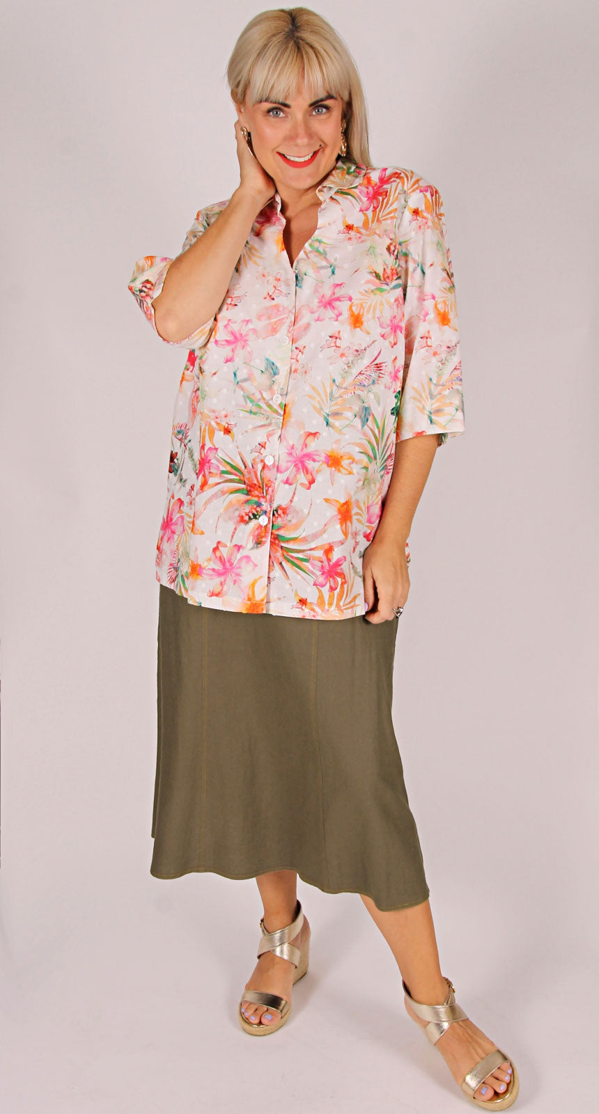 Georgia Stretch Linen Six Gore Skirt Khaki