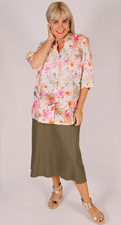 Georgia Stretch Linen Six Gore Skirt Khaki