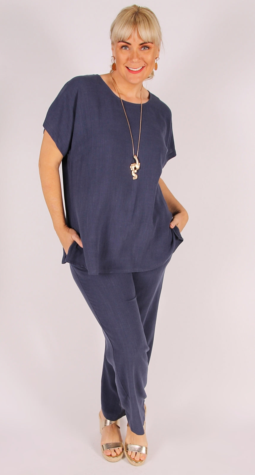 Linen Viscose Shell Top Washed Navy