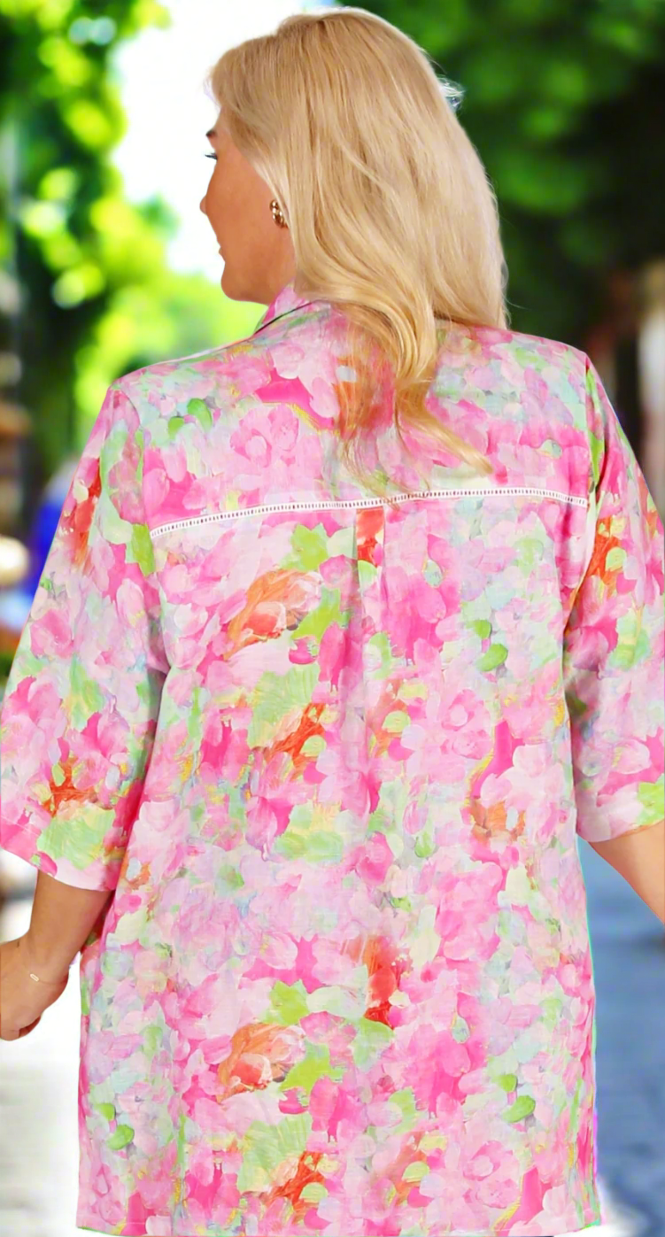Linen and Cotton Classic Blouse with Broderie Detail Pink Palette